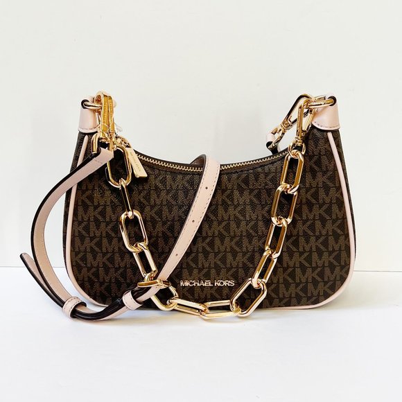 Michael Kors Cora Medium Zip Shoulder Crossbody Bag MK Brown Pink - Picture 6 of 14